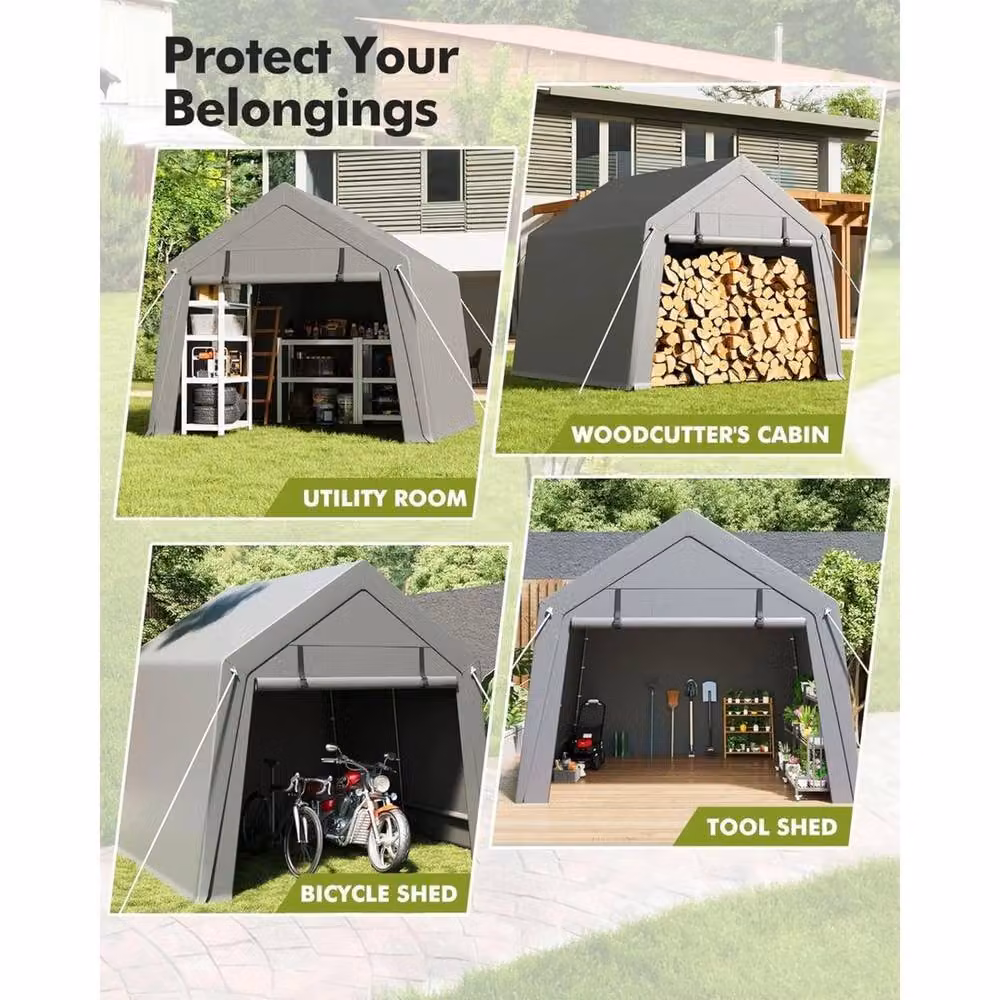 VOGREX Grey Portable Carport Storage Shed with Roll-Up Gable Roof – 4