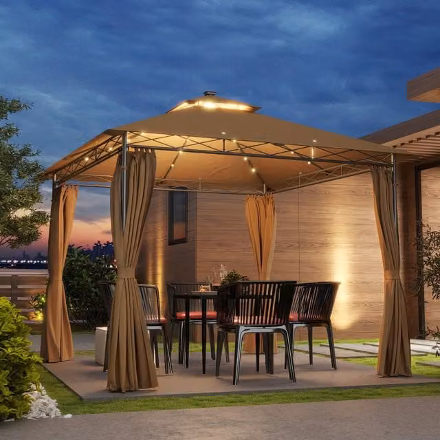 Outsunny Brown Double Roof Garden Gazebo with Curtains W: 300 cm, D: 300 cm, H: 300 cm