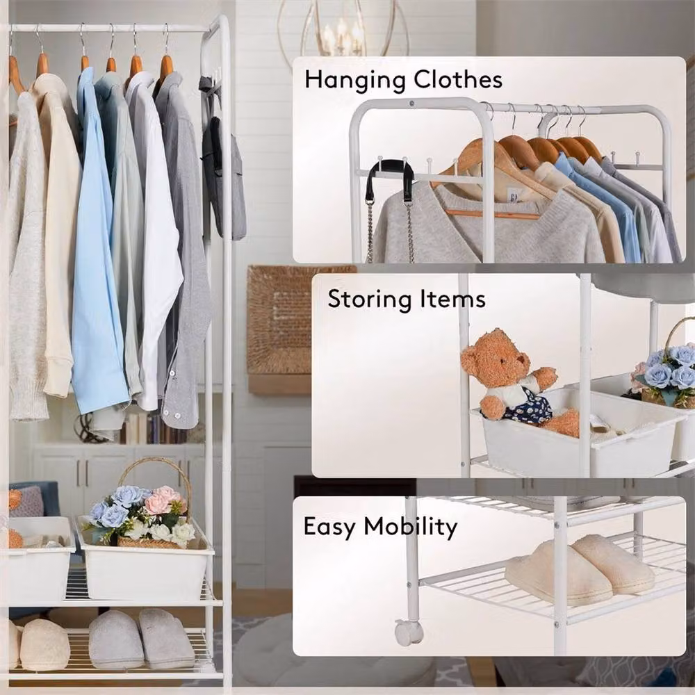 KORVIXA 2 Tier Metal Rolling Clothing Garment Rack in White – 3