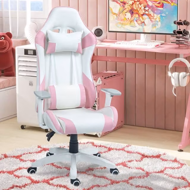 HOMCOM Pink PU Leather Gaming Chair with Headrest and Armrests