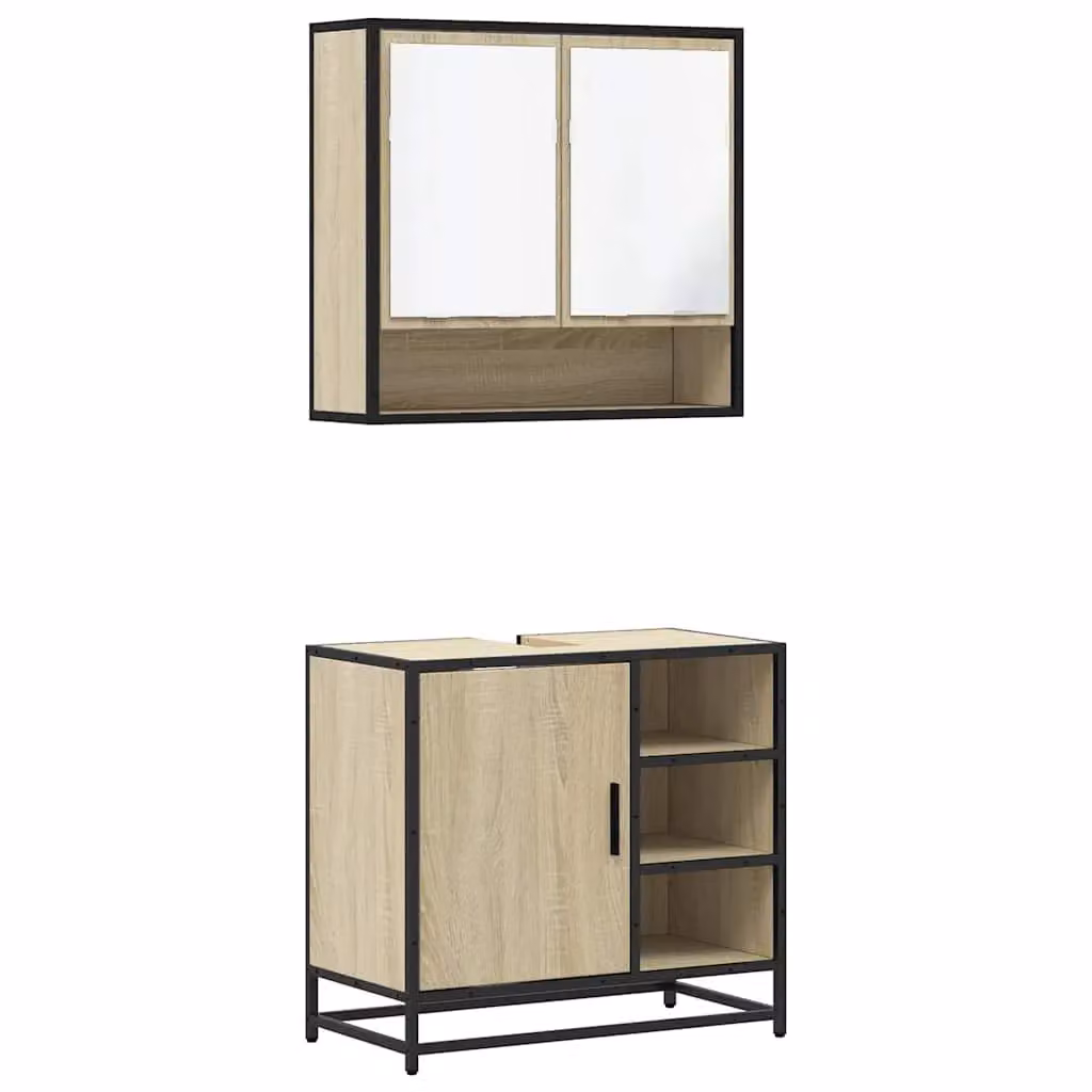 Berkfield Home 2 Piece Industrial Bathroom Furniture Set in Sonoma Oak and Brown, featuring a Vanity Unit and Mirror Cabinet – 2