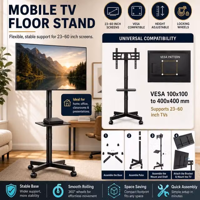 Atek Mobile TV Stand on Wheels with Castors and Media Compartments, Black Metal