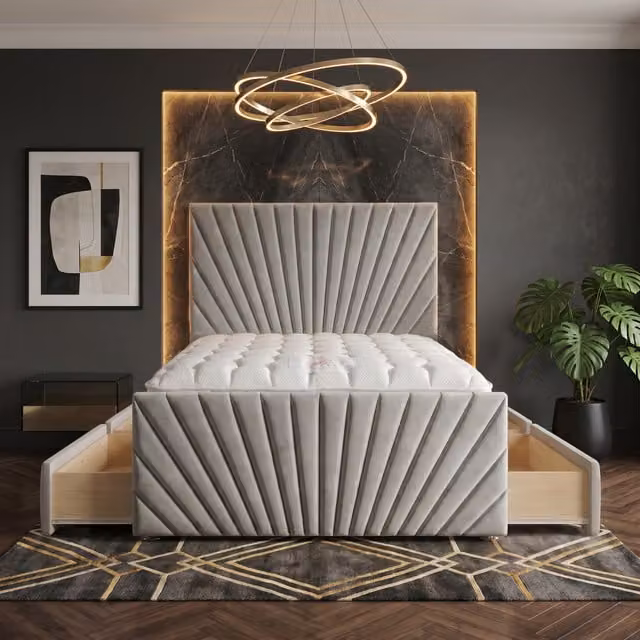 Somnior Beds Ltd Sunrise Silver Velvet Divan Bed with Hybrid Mattress and Drawers, W/D/H: 140 x 200 x 115 cm