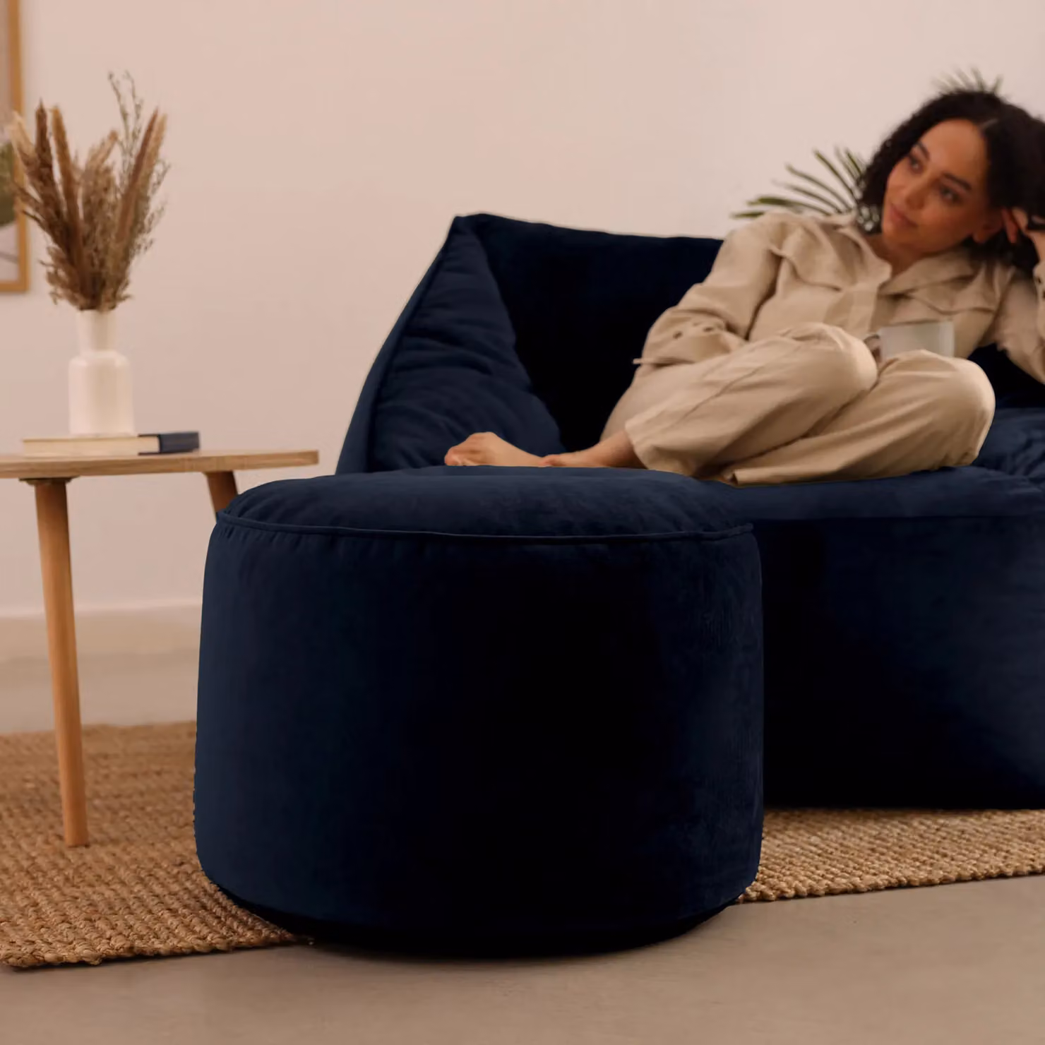 icon Milano Blue Velvet Cylindrical Bean Bag Pouffe Footstool W/D/H: 55 x 35 x 35 cm – 3