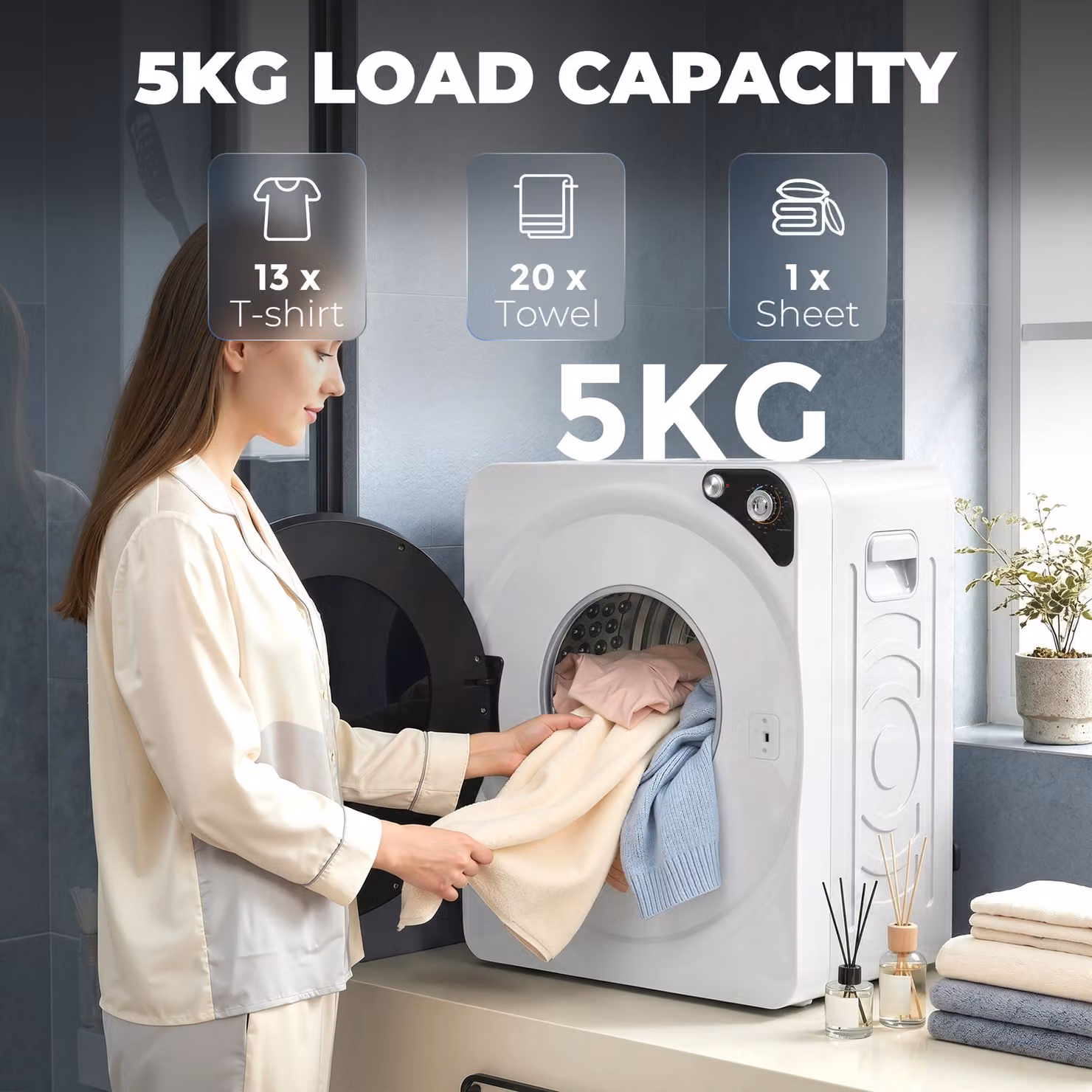 HOMCOM 5kg Vented Tumble Dryer, 1000W Compact Front Loader with 5 Drying Modes and Stainless Steel Tub, White – 5