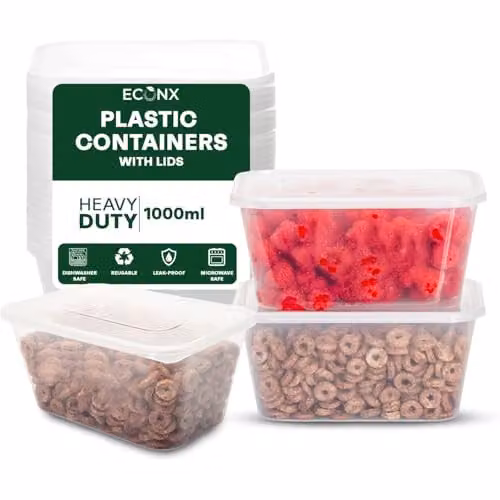 ECONX 100 x 1000ml Airtight Plastic Food Containers with Lids, Clear, Microwave and Freezer Safe