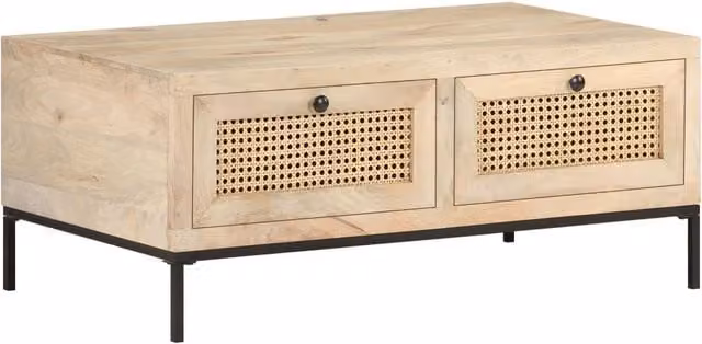 Berkfield Home Brown Mango Wood and Natural Cane Coffee Table, W: 90 cm, D: 50 cm, H: 37 cm