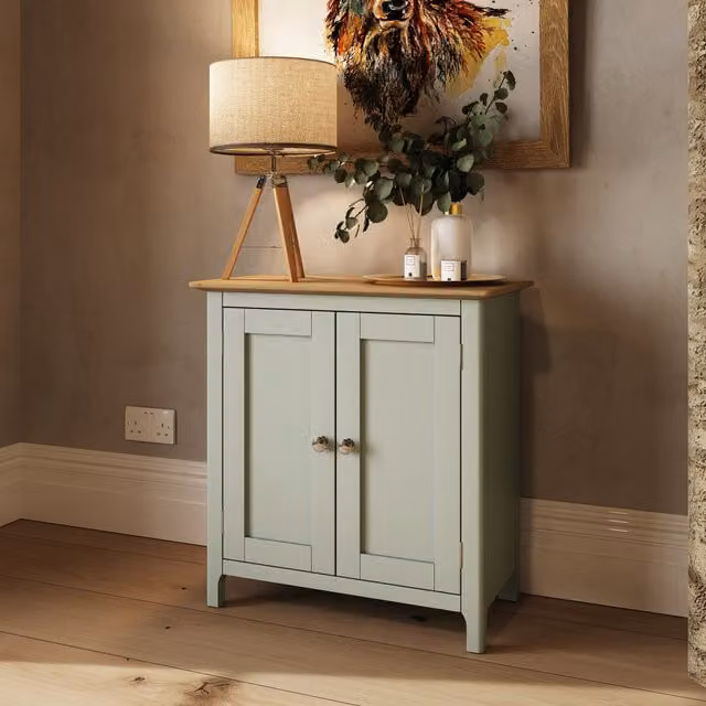 FWStyle Oak 2 Door Compact Sideboard with Metal Knob Handles in Sage Green