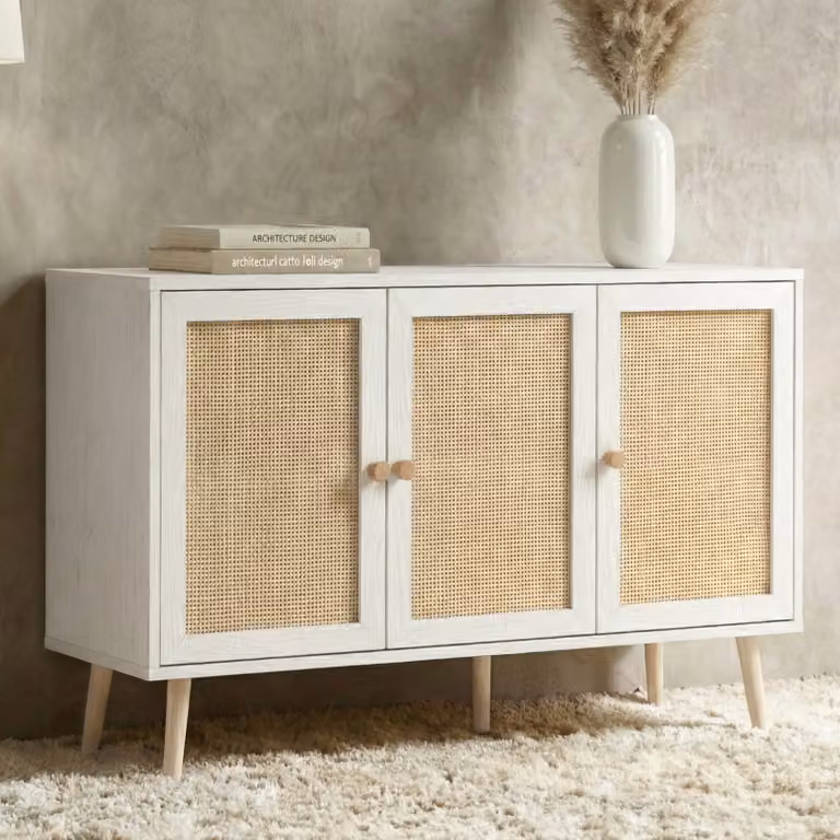 DHS Scandinavian White Rattan and Wood Sideboard, W/D/H: 135 x 40 x 80 cm