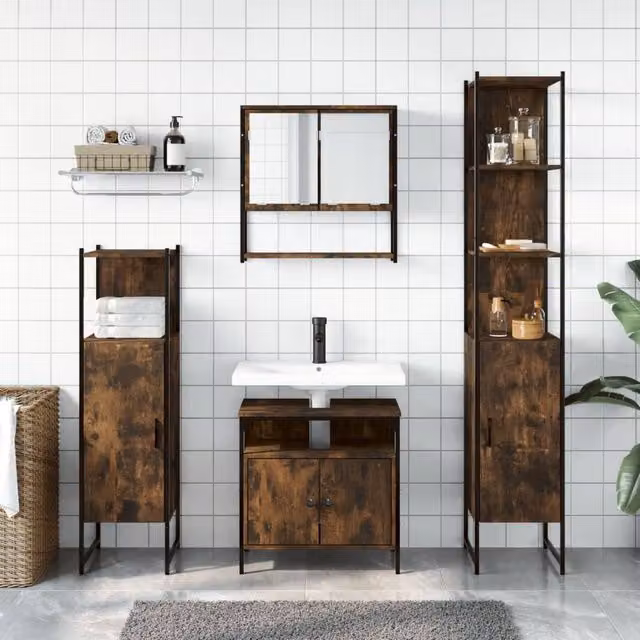 Berkfield Home 4 Piece Industrial Bathroom Furniture Set in Smoked Oak Brown – 1