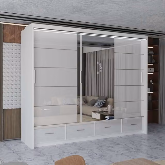 MN Furniture High Gloss White Sliding Mirrored Wardrobe with Integrated LED Lighting, W: 255 cm, H: 220 cm