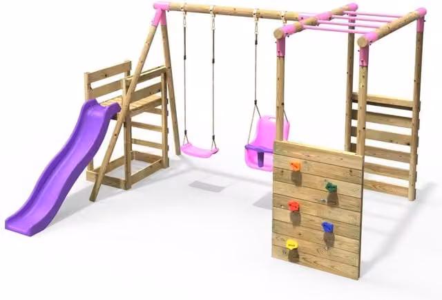 Rebo Luna Wooden Double Swing Set with Baby Seat, Monkey Bars and Slide in Pink
