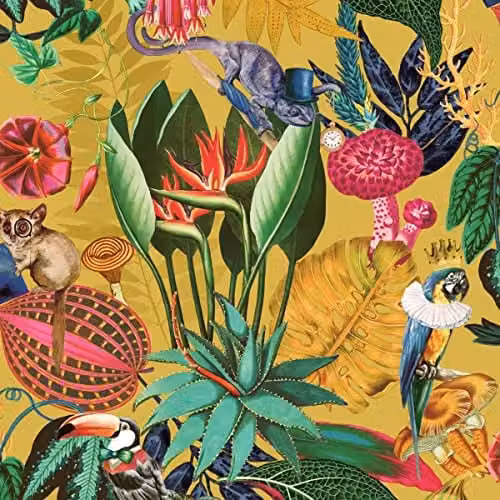 Holden Decor Wonderland Tropical Wallpaper in Ochre Yellow with Exotic Birds and Botanical Palm Leaves – 1