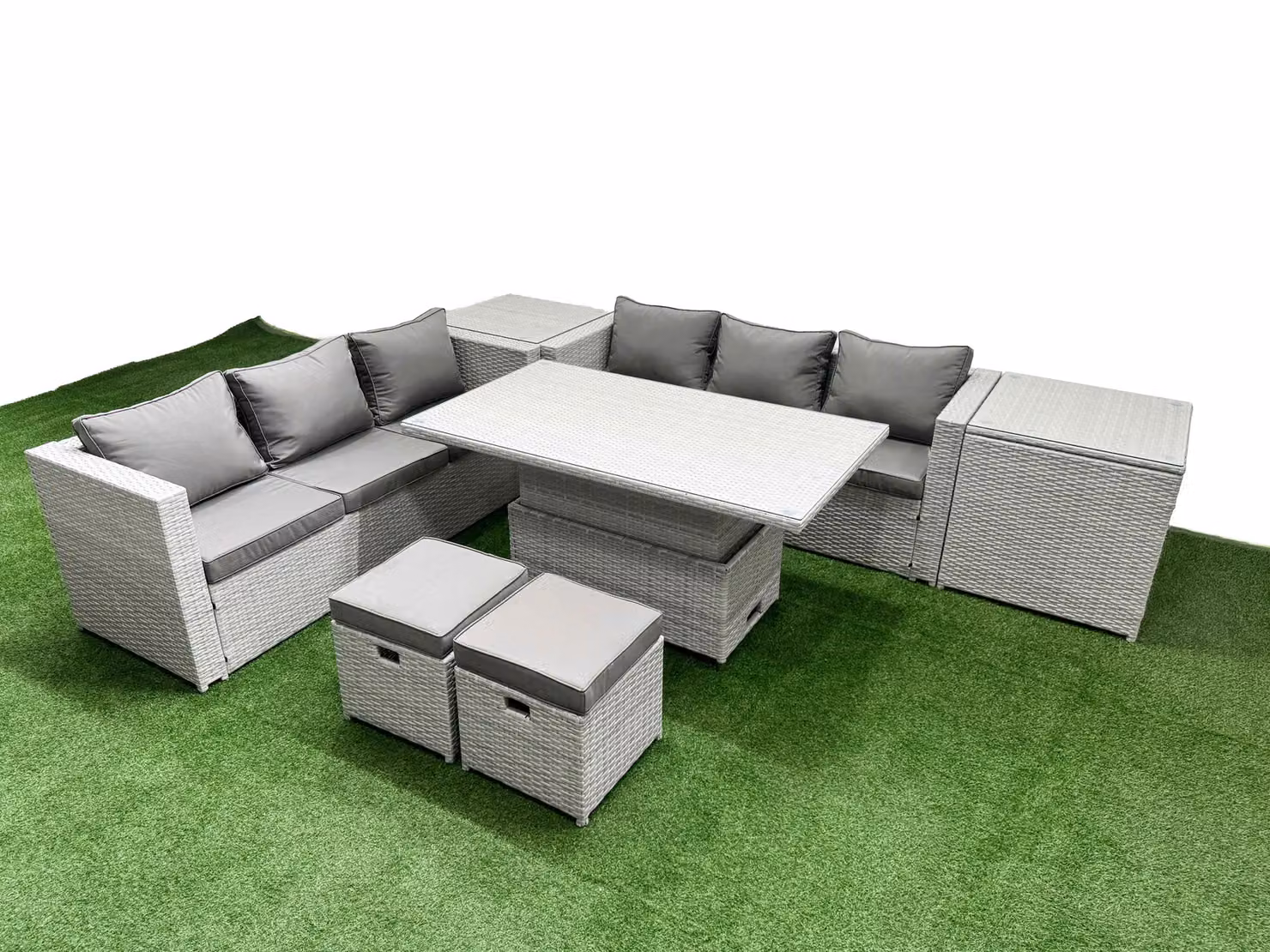 Fimous 7 Piece Rattan Dining Set with 3 Seater Sofa and Glass Table in Light Grey – 2