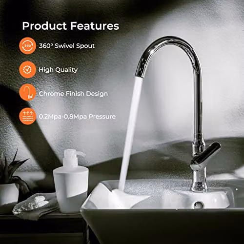 Geepas Stainless Steel Single Lever Mixer Tap with 360° Swivel Spout in Silver and Chrome Finish for Kitchen or Basin – 6