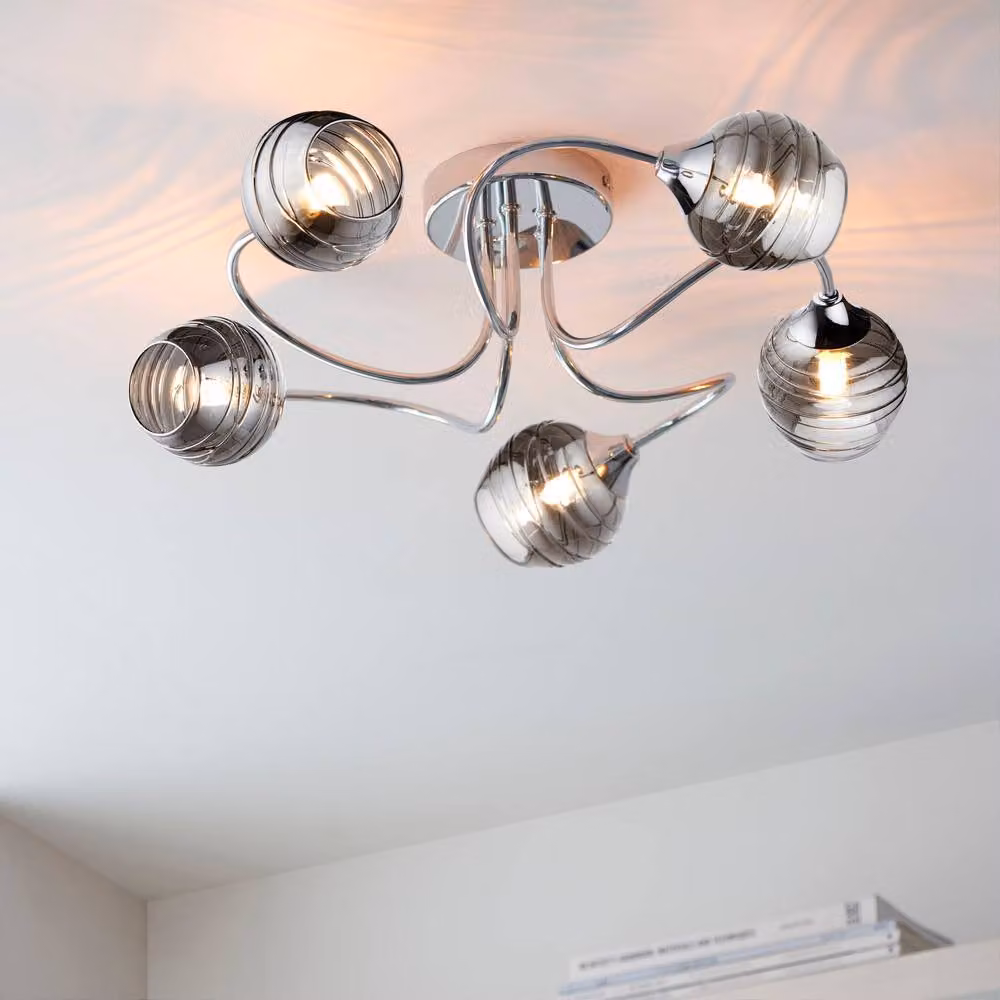 First Choice Lighting Marple 5 Light Flush Ceiling Light in Chrome and Smoke Glass – 3