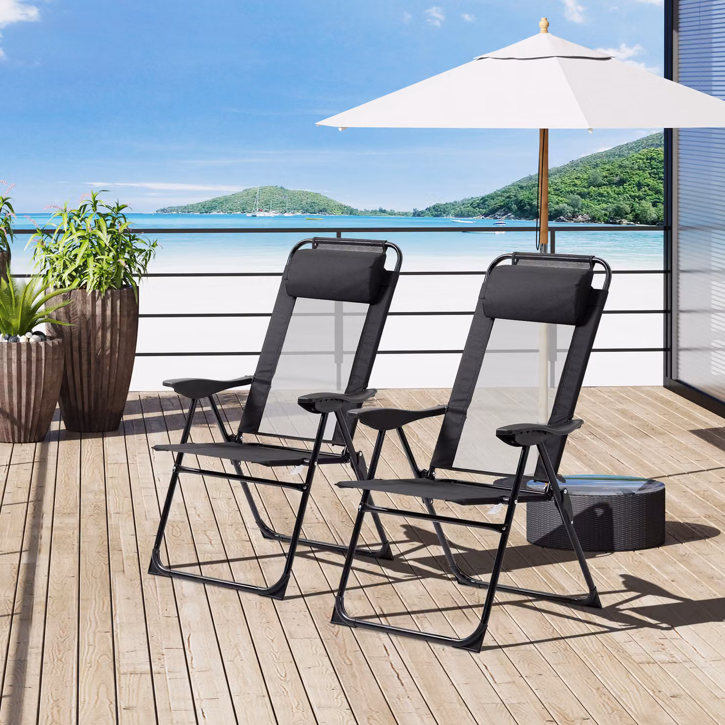 Outsunny Set of 2 Black Portable Folding Recliner Outdoor Patio Chaise Lounge Chairs with Adjustable Backrest and Armrests – 2