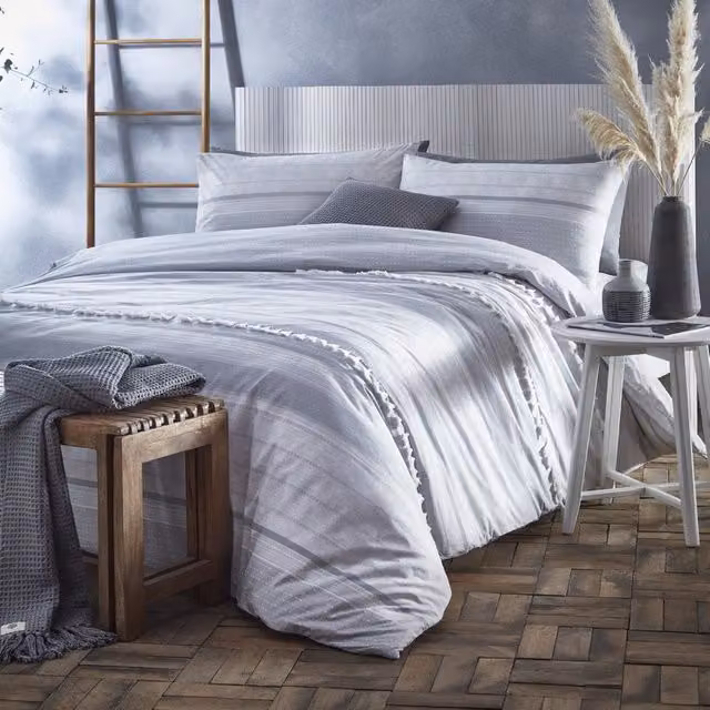 Appletree Loft Sanya Striped Cotton Duvet Cover and Pillowcase Set in Silver, White and Grey