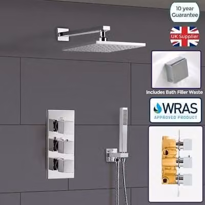 Nes Home Chrome 3 Way Square Concealed Thermostatic Mixer Valve Hand Held Bath Shower Kit in Silver