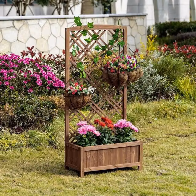 KORVIXA Wooden Raised Garden Bed with Trellis in Brown, W/D/H: 122.5 x 53.5 x 30 cm