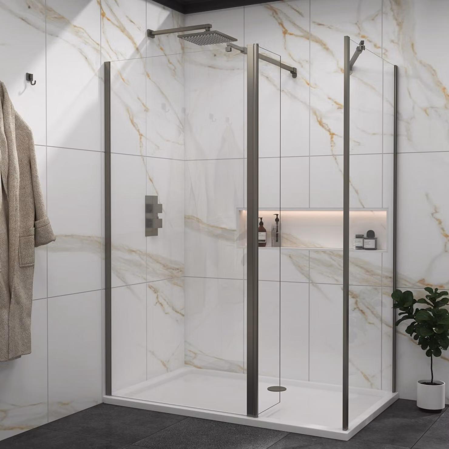 Royal Bathrooms Marbella Walk In Shower Enclosure with Tray and Flipper Panel, Gun Metal Grey, W/D: 1400 x 700 mm, 8mm Easy Clean Glass