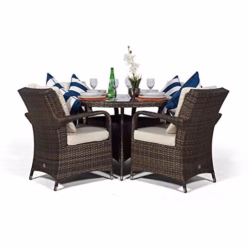Thats Furniture Arizona 4 Seater Round Rattan Patio Dining Set in Brown with Powder Coated Aluminium Frame, Diameter: 120 cm – 4