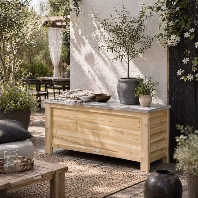 Wyld Haus Keno Fava 155L Outdoor Storage Box in Sand with Panelled Wood and Galvanised Metal – 1