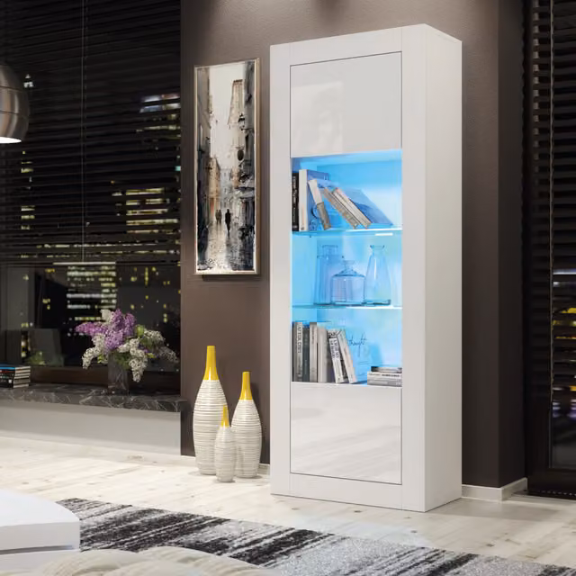 Creative Furniture Illume Modern Glossy White Display Cabinet with Glass Doors and Integrated Lighting, H: 170 cm, W: 63 cm, D: 35 cm