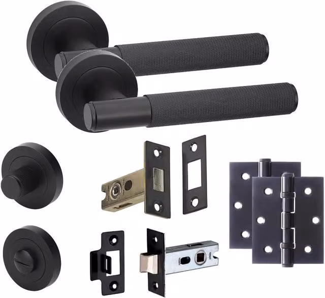 Golden Grace Matt Black Bathroom Door Handle Hinge Set