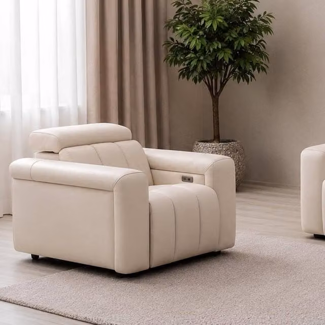 Furnishings For Less UK Delilah Electric Reclining Oslo Armchair in Cream Synthetic Leather with Soundbar