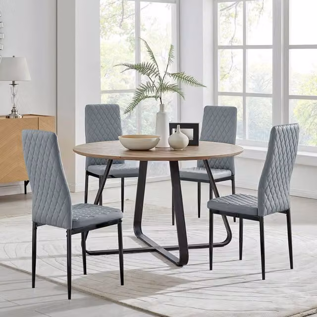FurnitureboxUK Santorini Brown Round Dining Table and 4 Milan Black Leg Chairs in Grey