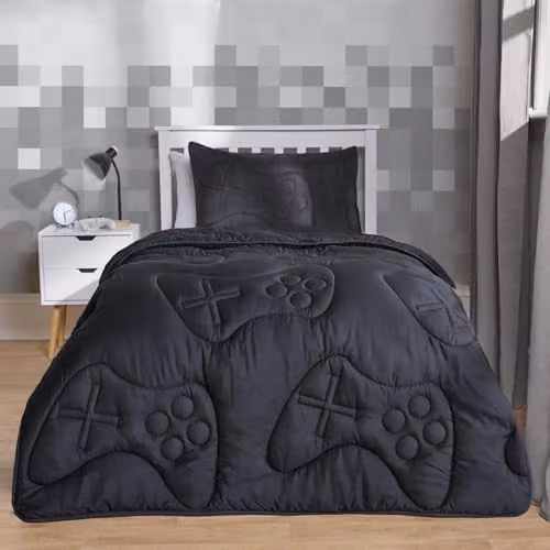 OHS Black Gaming Quilted Coverless Duvet and Pillowcase Set, 7.5 Tog Microfibre, Single W/D/H: 135 x 200 cm