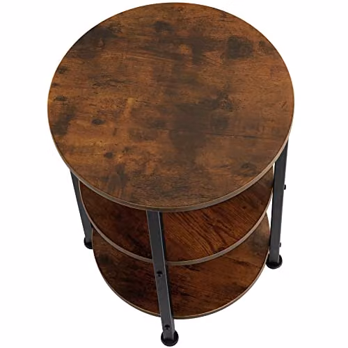 tectake 3-Tier Round Side Table with Industrial Steel Frame and Wood-Look Tabletop in Dark Wood, Ø 40 x H 61 cm – 3