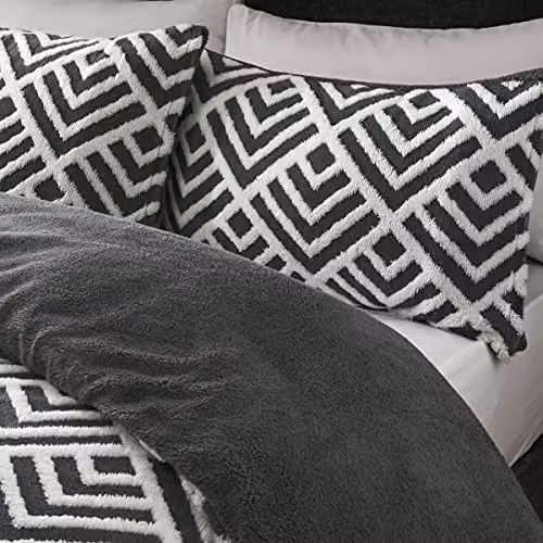 Sleepdown Geo Jacquard Fleece Thermal Duvet Cover and Pillowcase Set, Charcoal Grey and White, Single, W: 135 cm, L: 200 cm – 4