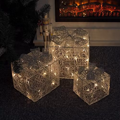 The Christmas Workshop Set of 3 Light-Up Christmas Boxes in Silver and White with 65 Warm White LEDs – 4