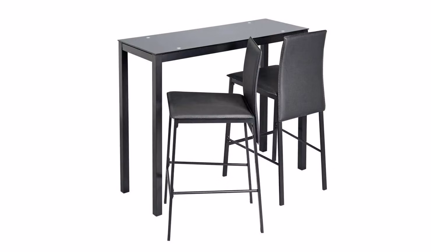 Lido Black Bar Table and 2 Black Chairs Set with Glass Top and Faux Leather Seats