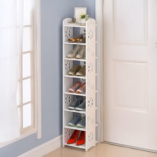 Livingandhome 8-Tier White Plastic Freestanding Shoe Rack for Hallways and Entryways