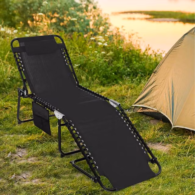 COSTWAY Black Folding Patio Chaise Lounge Chair with Adjustable Headrest and Textilene Fabric