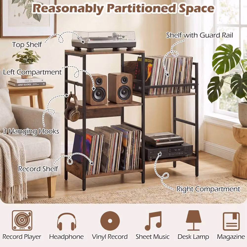 Gymax 3-Tier Large Record Player Table and Turntable Stand in Brown – 10
