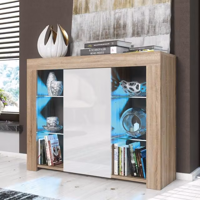 Creative Furniture Harbor Sideboard in Oak with White Gloss Doors and Integrated Lighting, W: 97 cm, H: 83 cm, D: 35 cm – 1