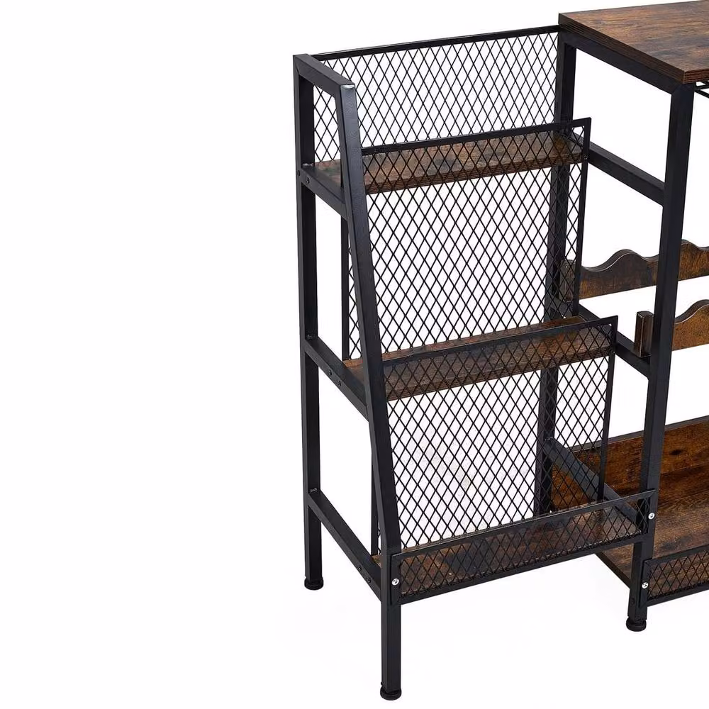 VOGREX Industrial Ladder Wine Cabinet and Bar Stand with Glass Holder and Metal and Glass Storage Shelves in Black and Multicolour – 3