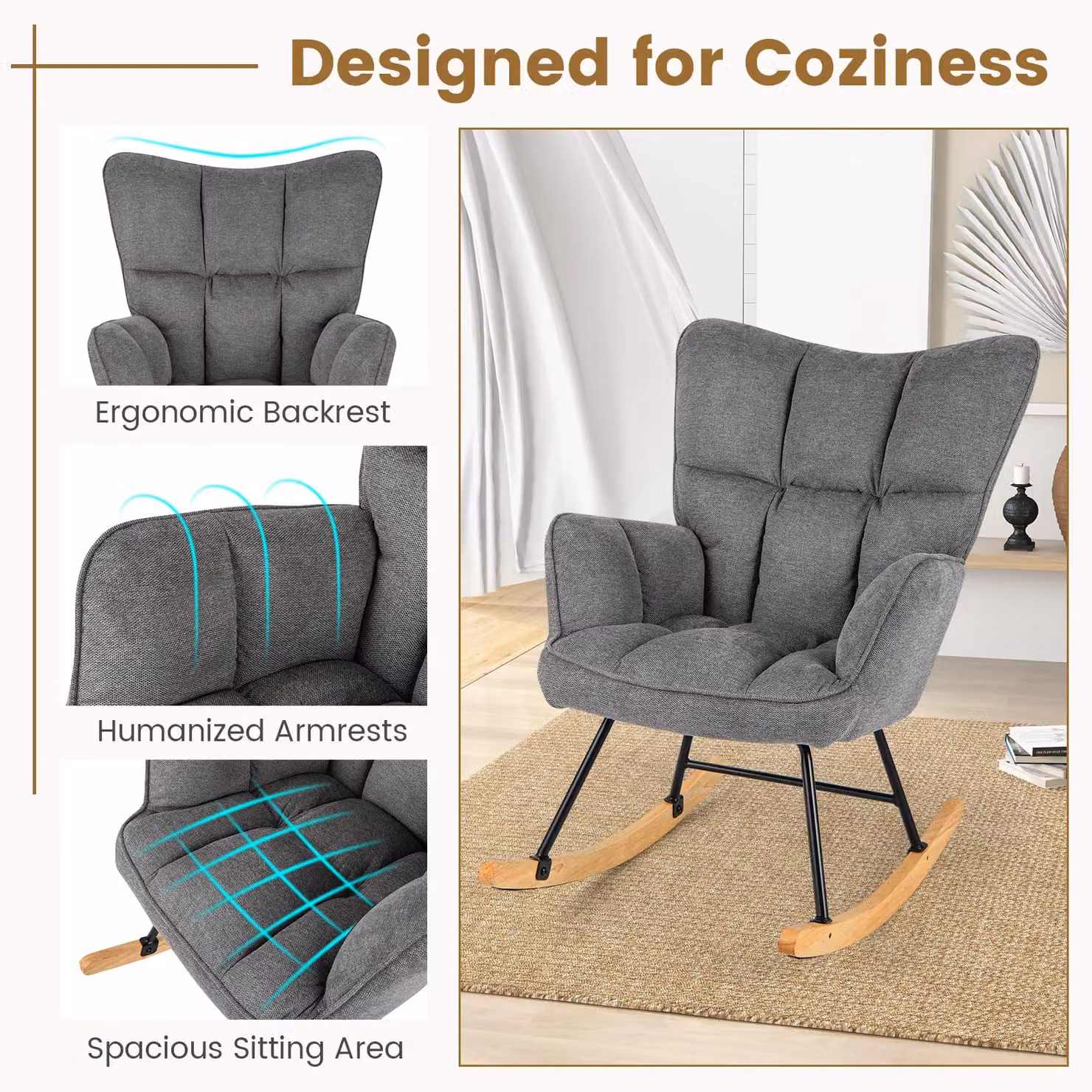 Gymax Linen Rocking Chair Accent Chair with High Backrest and Padded Armrests in Dark Grey – 4