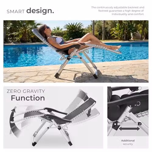 tectake Set of 2 Black Textilene Sun Loungers with Powder Coated Steel Frame, Adjustable Headrest, Armrests and Side Tray – 5