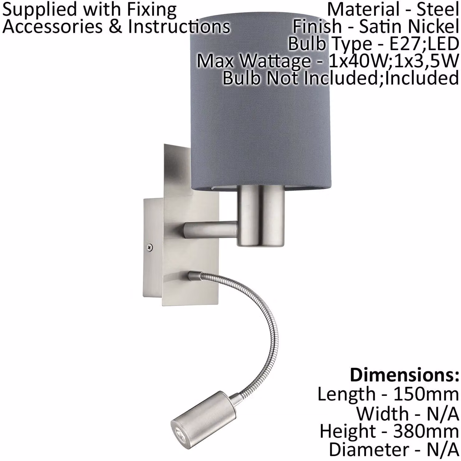 Loops 2 Pack Modern Wall Lights in Satin Nickel and Grey Fabric – 2