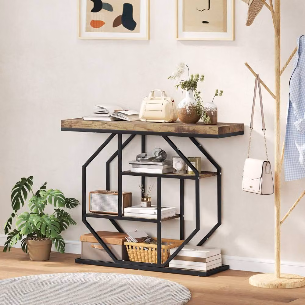 Wyld Haus Reello 4 Tier Industrial Console Table in Brown MDF and Black Metal – 3