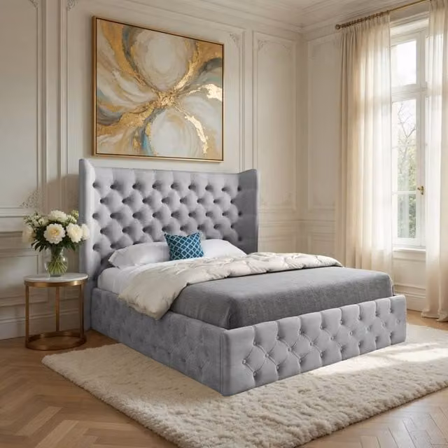 Casani Hutton Wide Winged Upholstered Grey Soft Velvet Designer Bed Frame W/D/H: 159 x 137 x 120 cm – 1