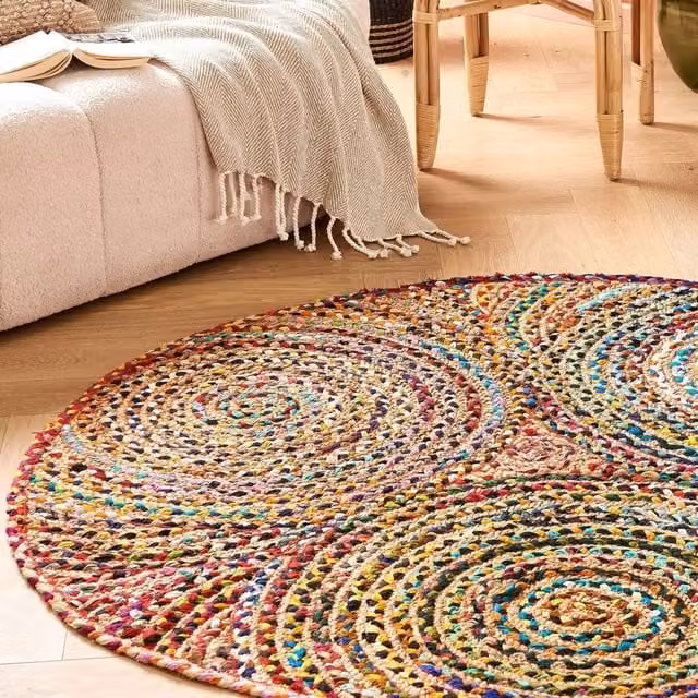 Wyld and Coco Multicolour Round Braided Cotton Bohemian Rug, Diameter: 140 cm