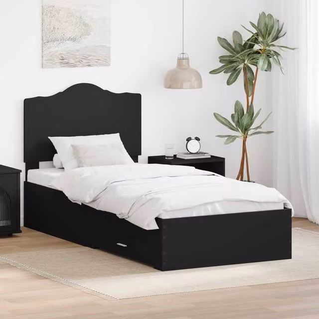 Berkfield Home Modern Bed Frame with Headboard in Black, Engineered Wood, W/D/H: 190 x 70 x 32 cm