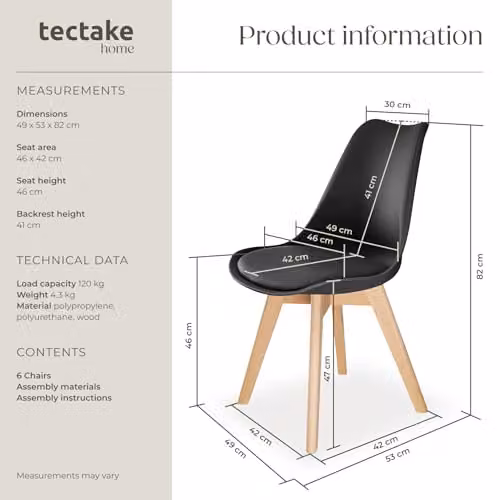tectake Set of 6 Scandinavian Design Dining Chairs with Solid Wood Legs in Black – 2