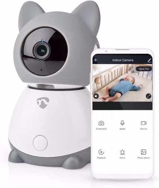 NEDIS Smart Wifi Baby Monitor Indoor Full HD Camera with Night Vision, Two-Way Talk and Temperature Display, White/Grey